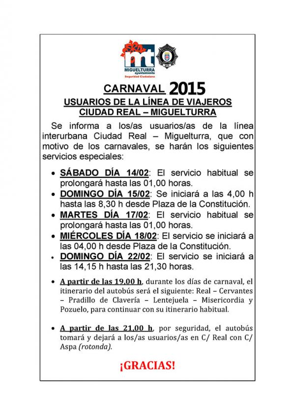 horario de autobuses durante los Carnavales de Miguelturra 2015