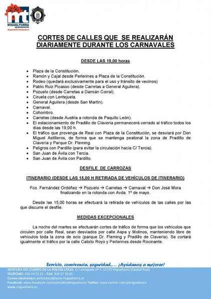 Información Prensa sobre Cortes de Calles durante los Carnavales de Miguelturra 2015